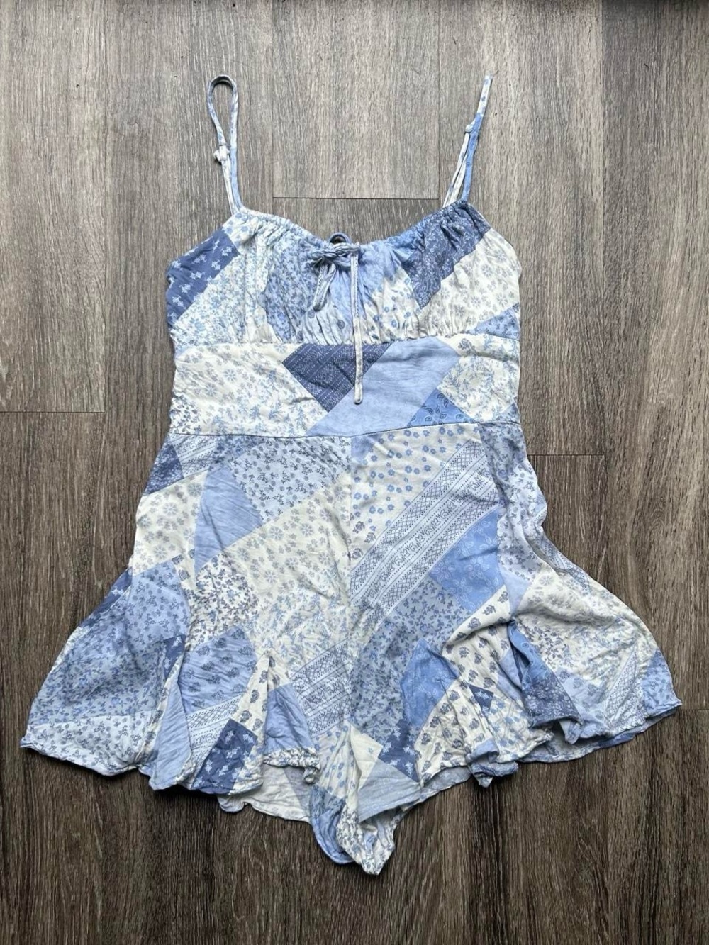 Blue Patchwork Print Spaghetti Strap Romper